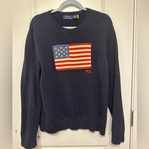 Authentic Ralph Lauren 100% Cotton American Flag Navy Sweater Like New Large